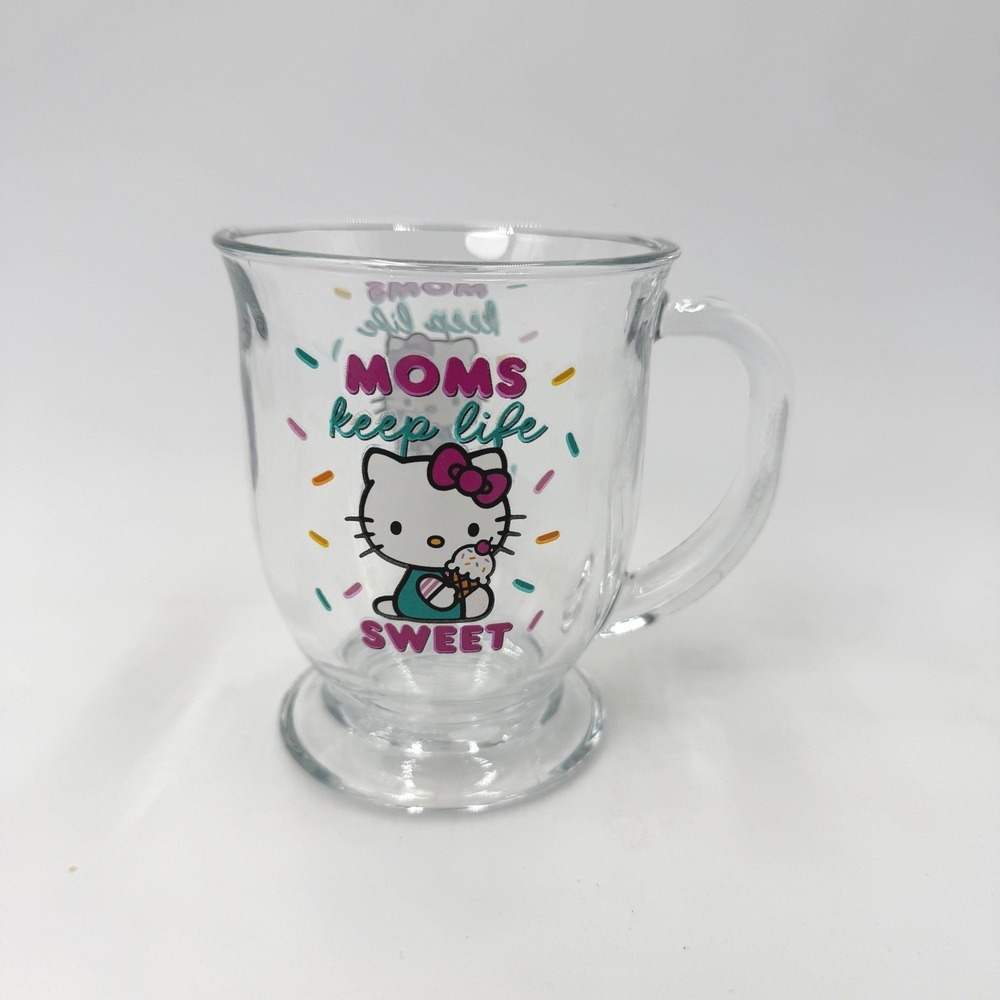 Sanrio Hello‎ Kitty Moms Keep Life Sweet Clear Glass Footed Coffee Mug Cup 4.5in